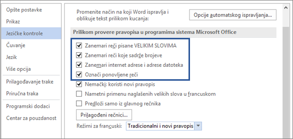Opcije za zanemarivanje reči prilikom provere pravopisa