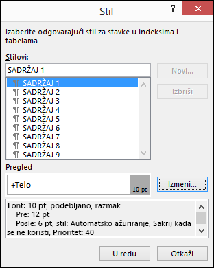 Dijalog „Izmena stila“ vam omogućava da ažurirate kako će izgledati tekst u sadržaju.