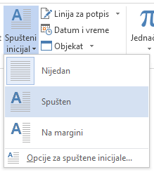 U meniju „Spušteni inicijal“ odaberite „Spušten“.