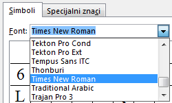 Na kartici „Simboli“ pronađite font.