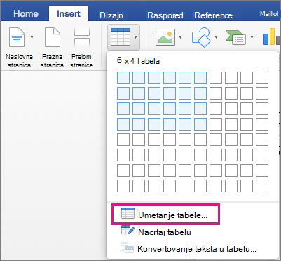 Insert Table is highlighted to create a custom table