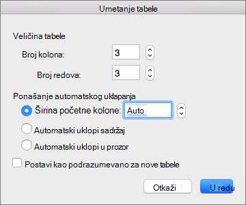 Shows the settings for creating a custom table