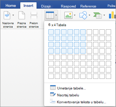Select the number or rows and columns to quickly insert a table