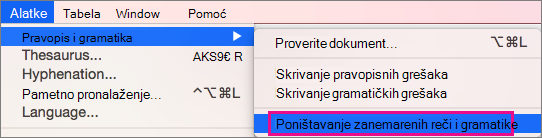 Da biste obrisali liste reči i gramatike koje Word zanemaruje, kliknite na dugme 