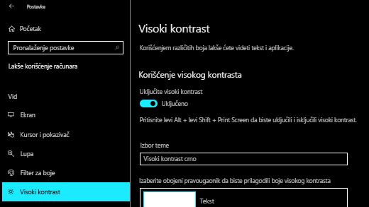 Uključite visoki kontrast u aplikaciji 
