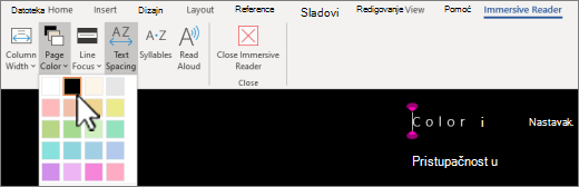 Meni sa bojama stranice Koncentrisani čitalac u programu Word.