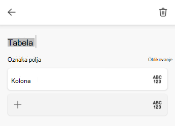 Tekstualno polje imena tabele u Excel za Android