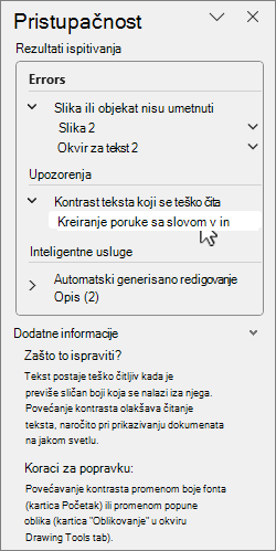 Okno za pristupačnost sa rezultatima ispitivanja