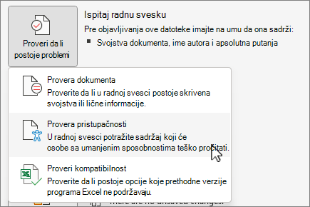 Provera da li postoje problemi & proveri pristupačnost stavka menija
