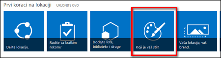 Nova lokacija kreirana u sistemu SharePoint Online prikazuje pločice na koje može da se klikne za dalje prilagođavanje lokacije