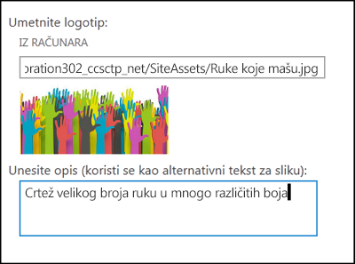 Dijalog za naslov i logotip nove lokacije u sistemu SharePoint Online pokazuje kako da kreirate alternativni tekst za sliku logotipa