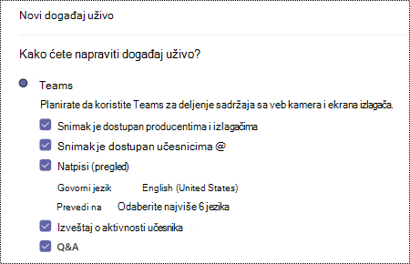 Dijalog za izbor opcije pitanja i odgovora za Teams događaj uživo prilikom planiranja događaja.