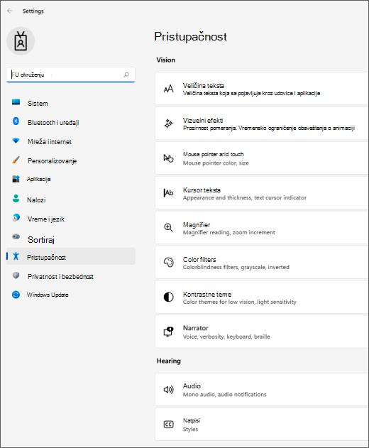 Postavke pristupačnosti u operativnom sistemu Windows 11