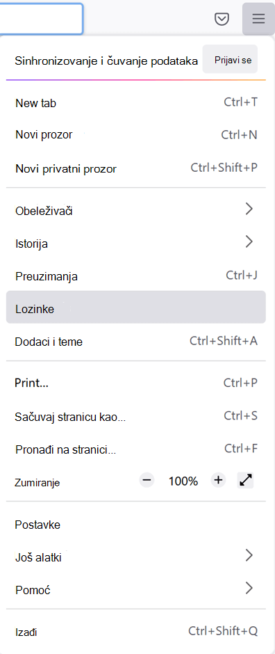 Glavni meni u programu Firefox sa izabranom opcijom 