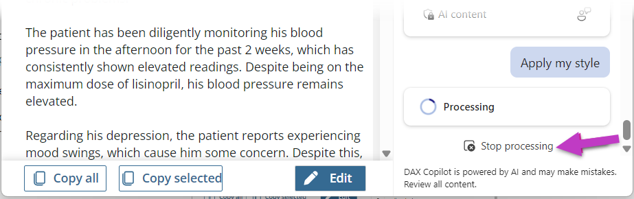 Image highlights an AI action called stop processing