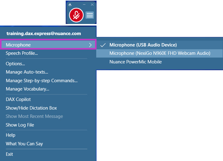 Image highlighted shows how to change to a different microphone