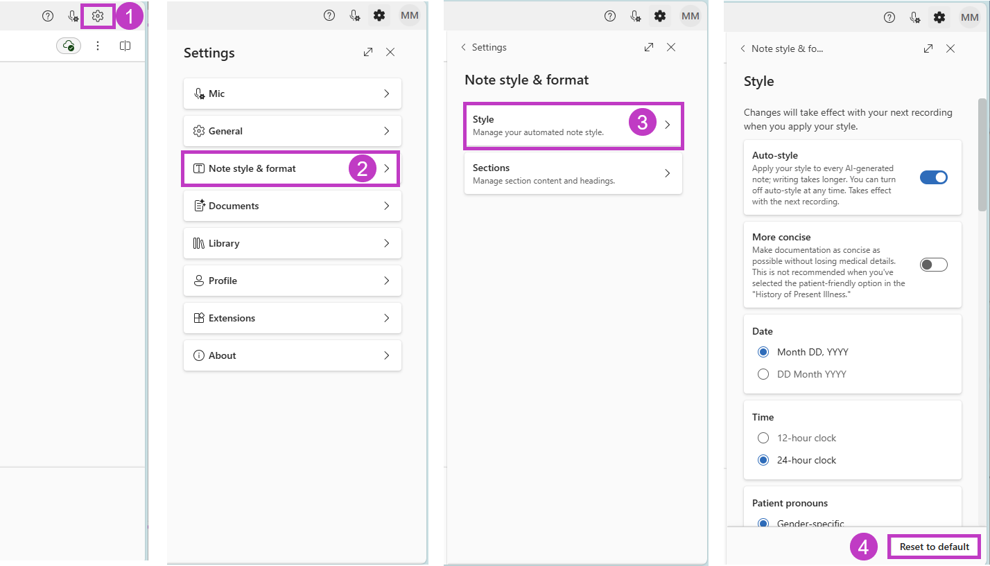 Steps showing (1) Settings (gear icon) highlighted; (2) the Note style & format option highlighted, (3) the Style option highlighted, and (4) Reset to default button highlighted.