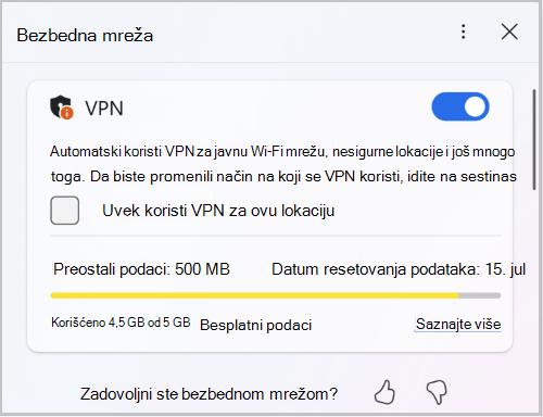 Snimak ekrana ograničenja za bezbedne mrežne podatke u pregledaču Edge