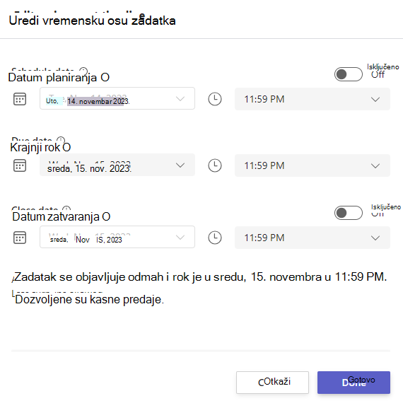 Snimak ekrana uređivanja vremenske ose zadatka.
