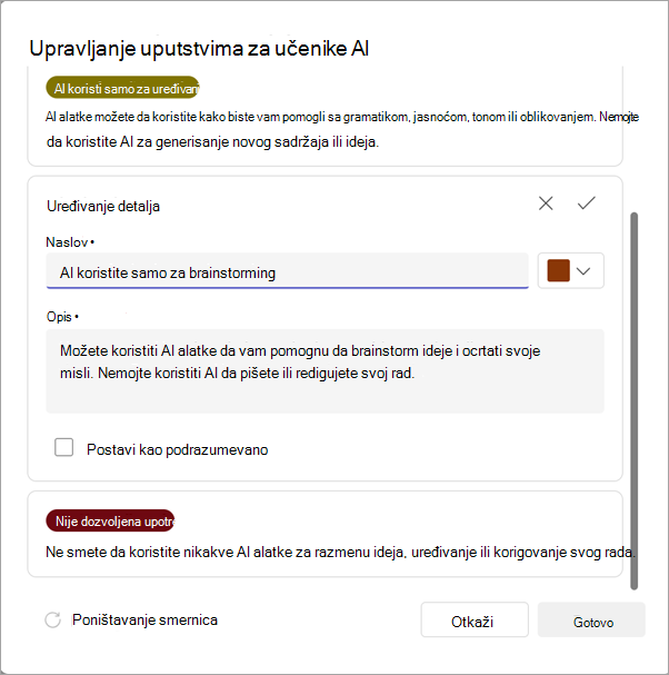 Snimak ekrana opcija za upravljanje ai uputstvima.
