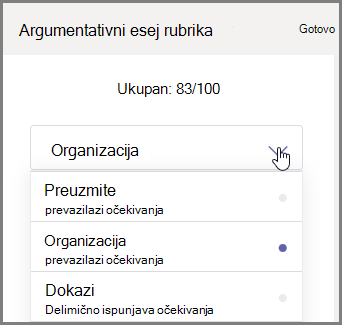 Izaberite odeljak studentskog zadatka za ocenjivanje