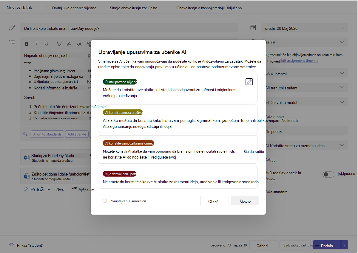 Snimak ekrana opcija za upravljanje uputstvima za AI studente.
