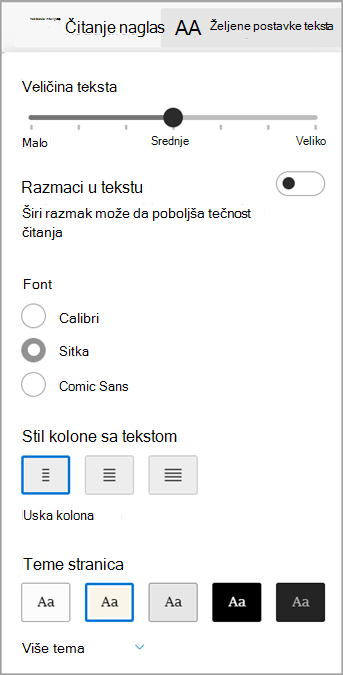 Željene postavke teksta u funkciji Koncentrisani čitalac za Microsoft Edge.