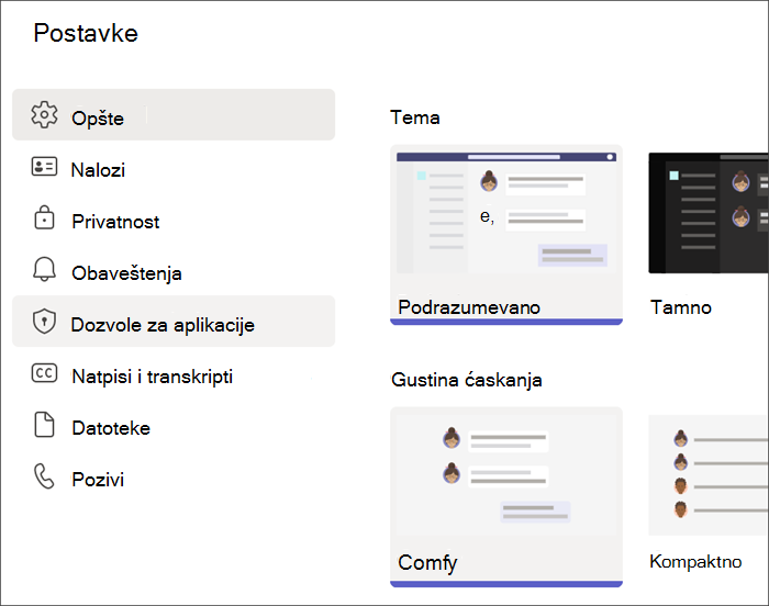 Snimak ekrana postavki usluge Teams sa studentskog profila. Dozvole aplikacije su markirane.