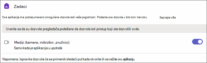 Snimak ekrana postavki usluge Teams nakon izbora stavke 