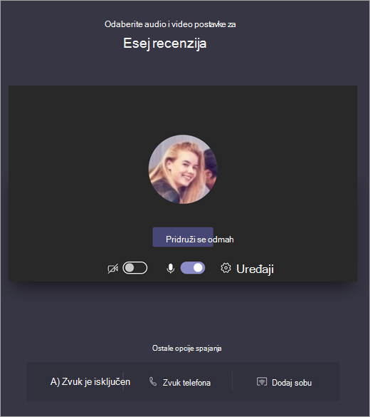 Snimak ekrana koji prikazuje izbor postavki zvuka i video zapisa za Teams sastanak pre pridruživanja.
