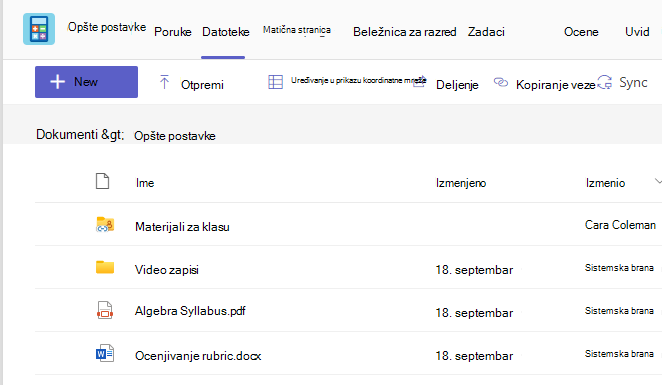 Snimak ekrana koji prikazuje karticu Files koja prikazuje nastavne materijale i deljene datoteke.