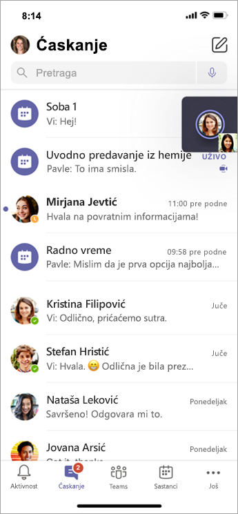 Ćaskanje u sobi za pojedinačne sastanke na mobilnom uređaju.