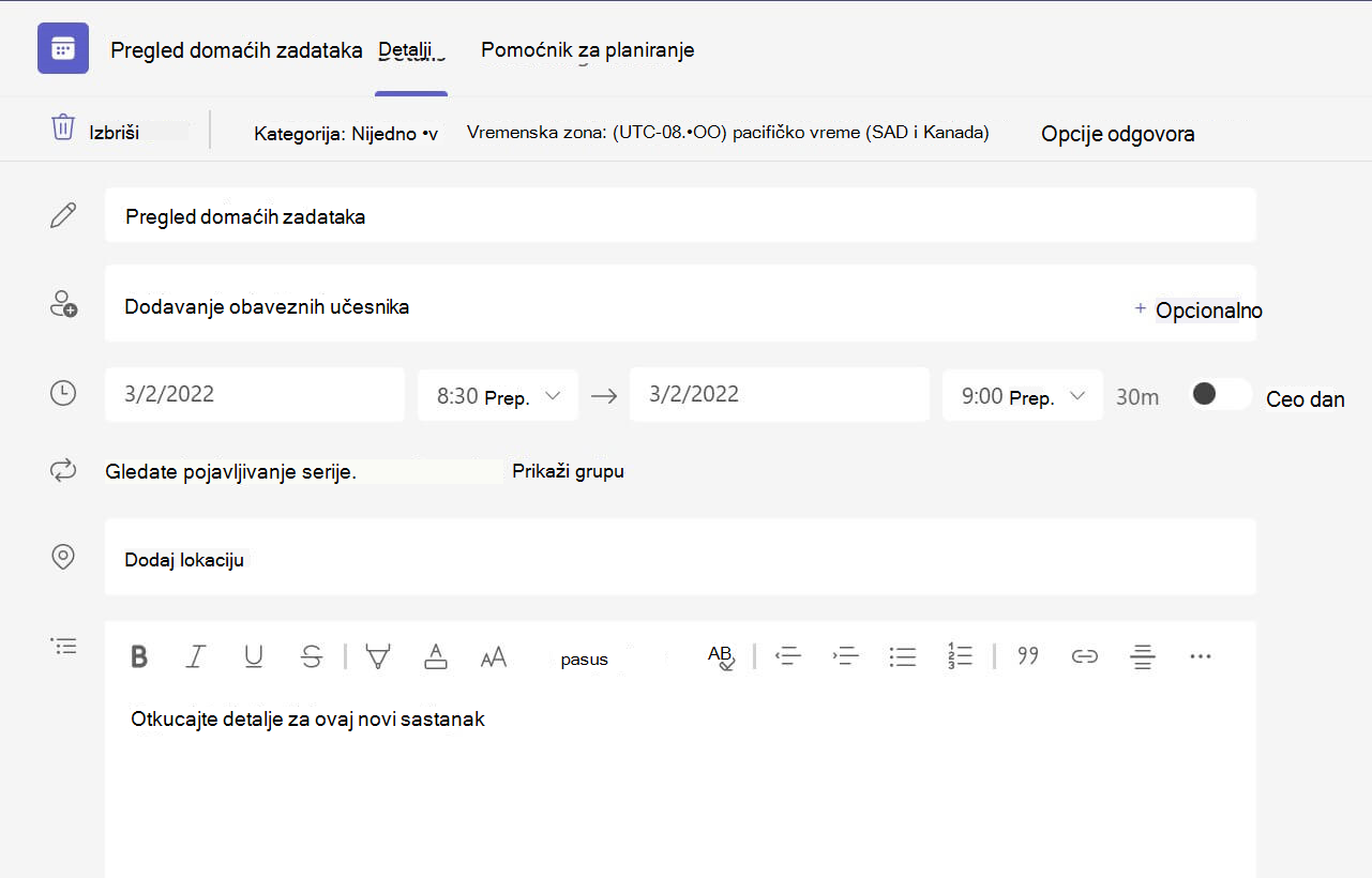 Snimak ekrana na kojem nema detalja o sastanku u veb verziji usluge Teams.