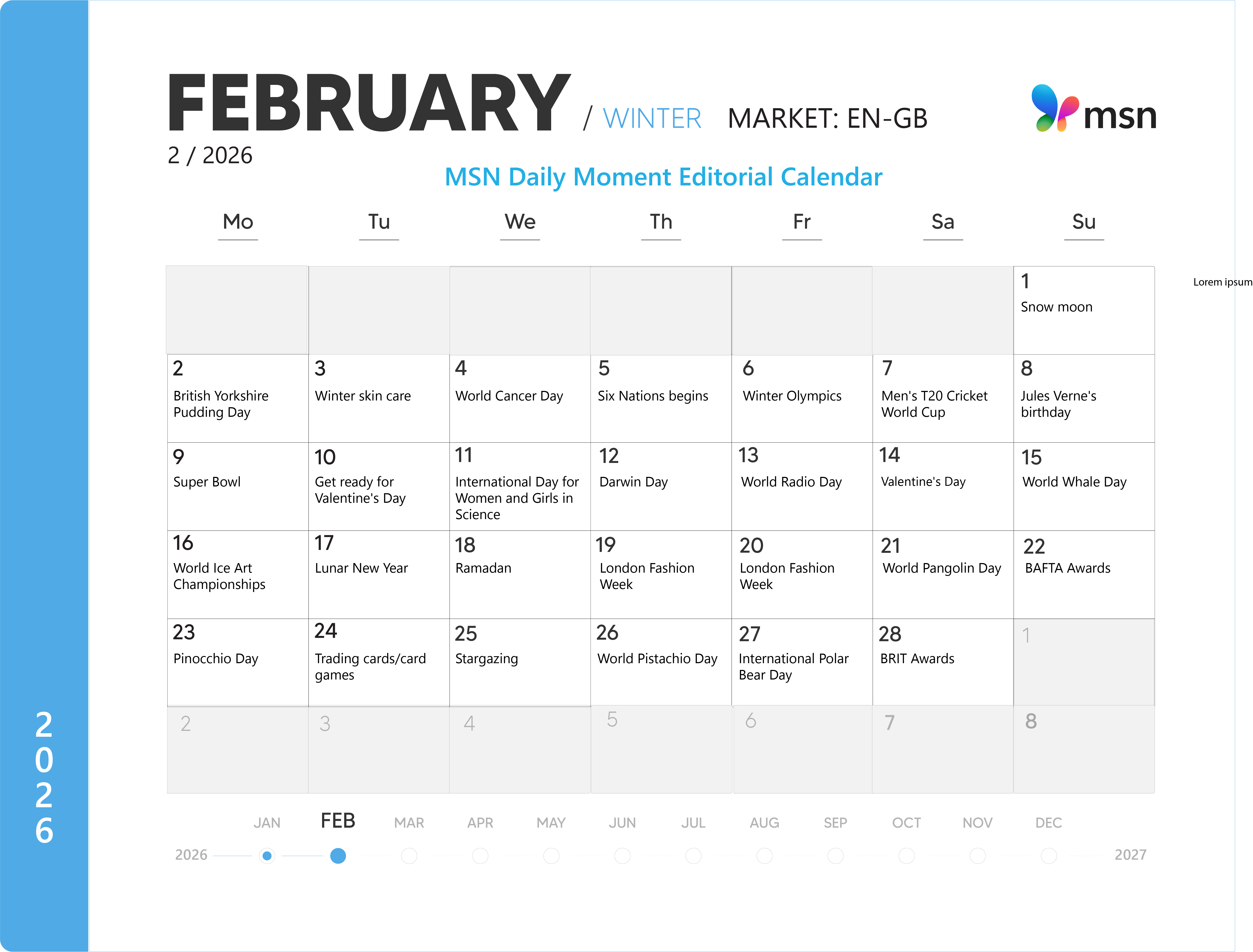 Dnevni redigator za februar 2026. Calendar EN-GB