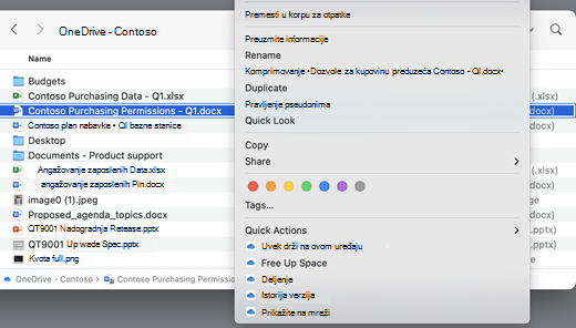 Prikazuje OneDrive ekran sa otvorenim menijem.