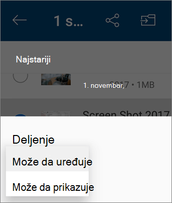 Snimak ekrana promene dozvole tokom deljenja u aplikaciji OneDrive za Android