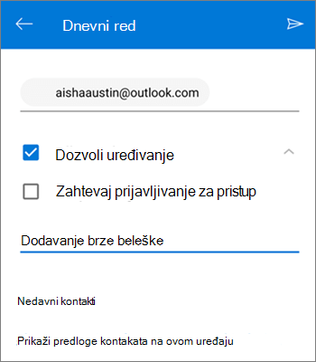 Snimak ekrana pozivanja osoba da dele datoteku iz usluge OneDrive za Android