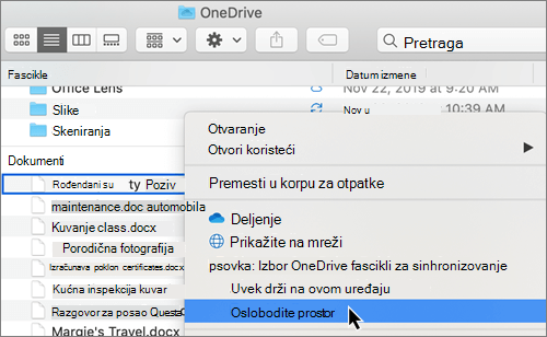 Snimak ekrana OneDrive Files On-Demand opcija u aplikaciji Finder na Mac računaru