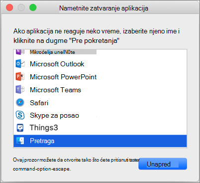 Snimak ekrana programa Finder u dijalogu Nametnite zatvaranje aplikacija na Mac računaru