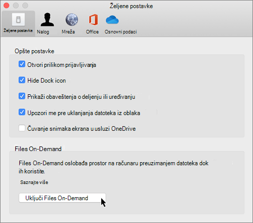 Snimak ekrana željenih opcija na Mac računaru za OneDrive Files On-Demand