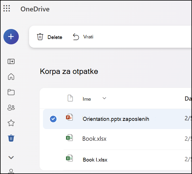 Snimak ekrana koji prikazuje korpu za otpatke na sajtu OneDrive.com.