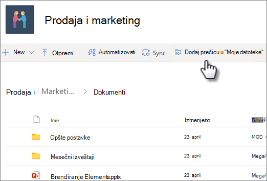 Snimak ekrana dodavanja prečice u OneDrive iz deljene biblioteke