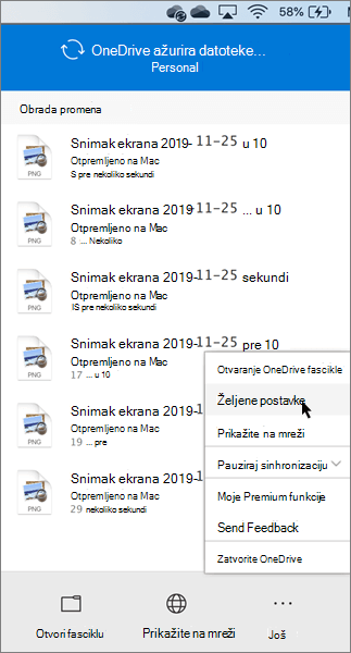 Snimak ekrana podešavanja OneDrive ličnih željenih opcija