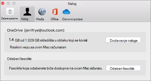 Snimak ekrana dodavanja naloga u OneDrive željenim opcijama na Mac računaru