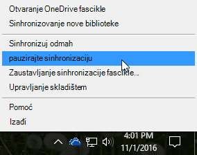 Snimak ekrana menija prethodne usluge OneDrive for Business sa izabranom stavkom „Pauziraj sinhronizaciju“.