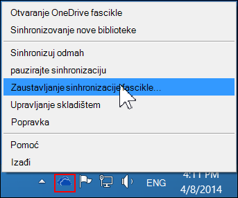 Komanda „Zaustavi sinhronizaciju fascikle“ u meniju OneDrive for Business