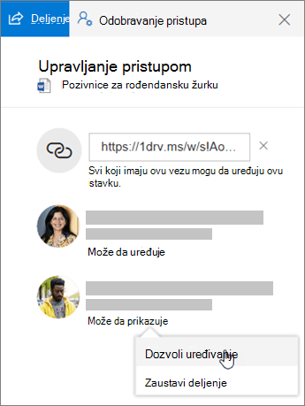 Snimak ekrana odeljka „Deljenje“ okna „Detalji“ za deljenu datoteku.