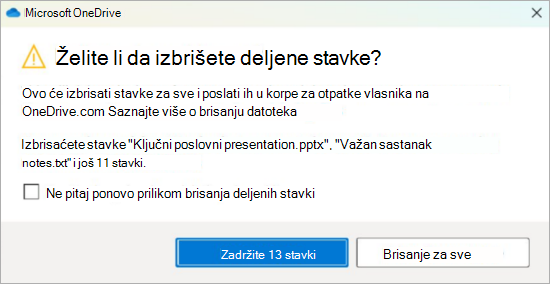 Snimak ekrana OneDrive odziva za potvrdu brisanja deljenih datoteka