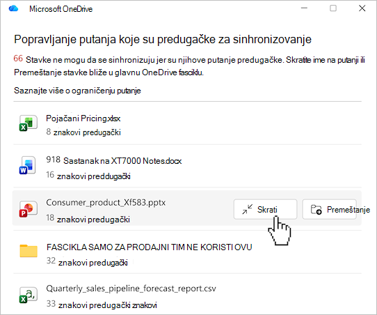 Snimak ekrana koji prikazuje listu putanja OneDrive datoteka.