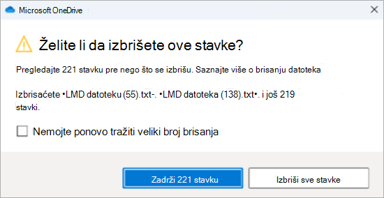 Snimak ekrana OneDrive odziva za potvrdu za brisanje više datoteka